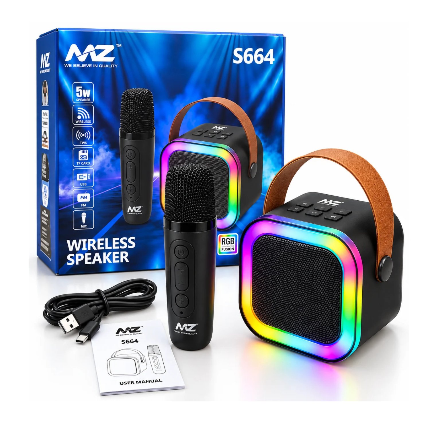 MZ S664 5W Portable Bluetooth Speaker with Wireless Mic, RGB Lights, 1200mAh Battery & Voice Changer