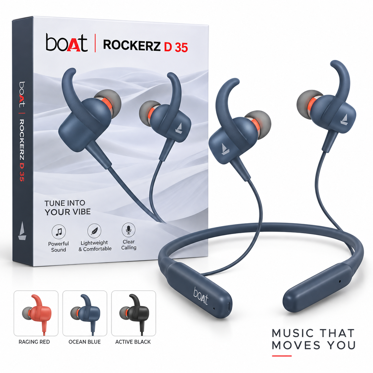 boAt Rockerz D 35 Wireless Bluetooth Neckband Earphones – 220mAh Battery, Type-C Fast Charging, 250 Hours Standby, Blue