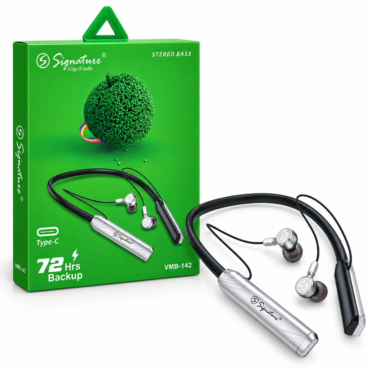 Signature Wireless Bluetooth Neckband Earphones – 72 Hrs Backup, Type-C Charging, Stereo Bass & Mic
