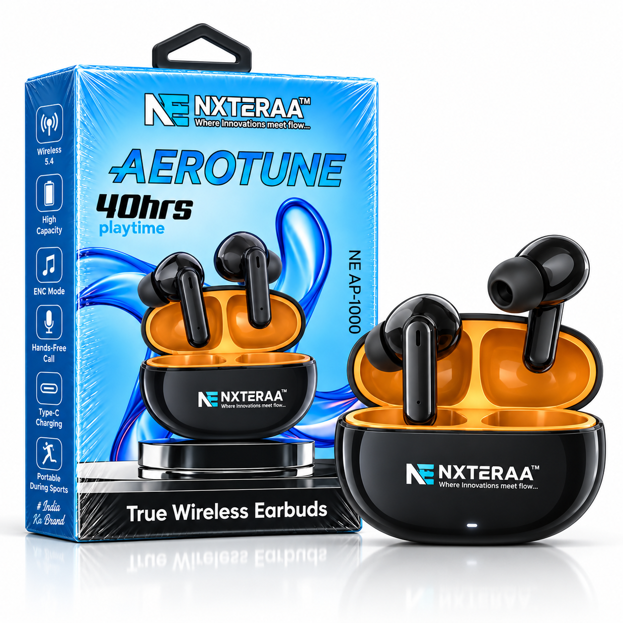 NEXTERAA Aerotune NE AP-1000 True Wireless Earbuds – 40 Hrs Playtime, ENC Mode, Bluetooth 5.4, Type-C Charging