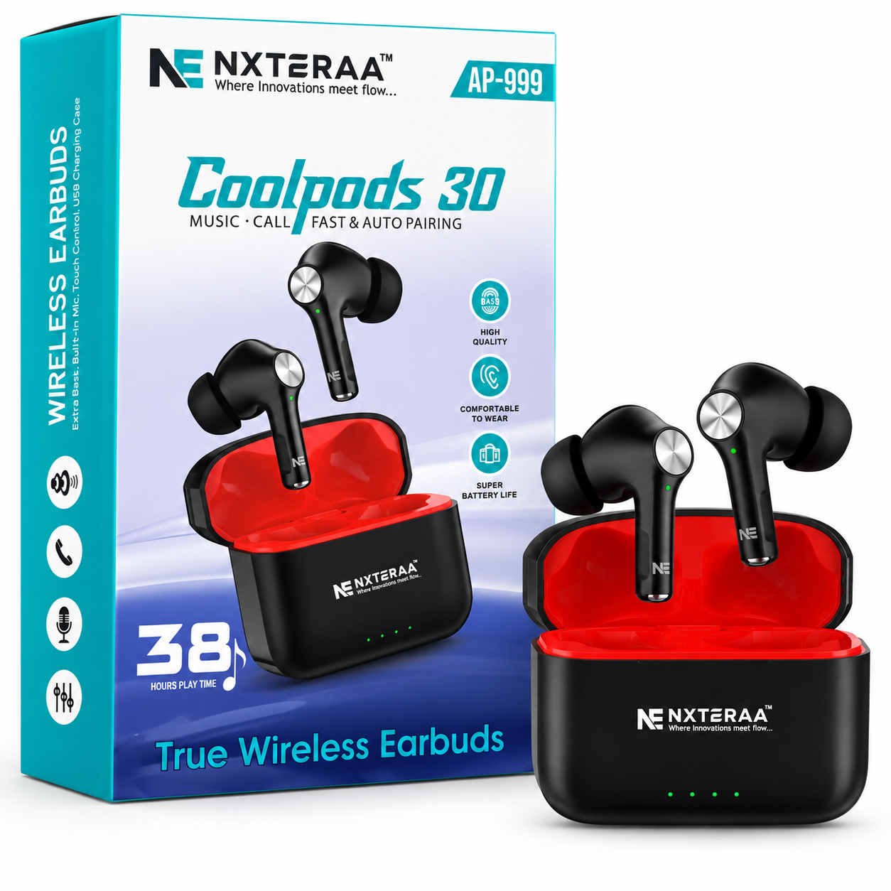 NEXTERAA Coolpods 30 AP-999 True Wireless Earbuds – 38 Hrs Playtime, Bluetooth 5.4, Extra Bass & Touch Control
