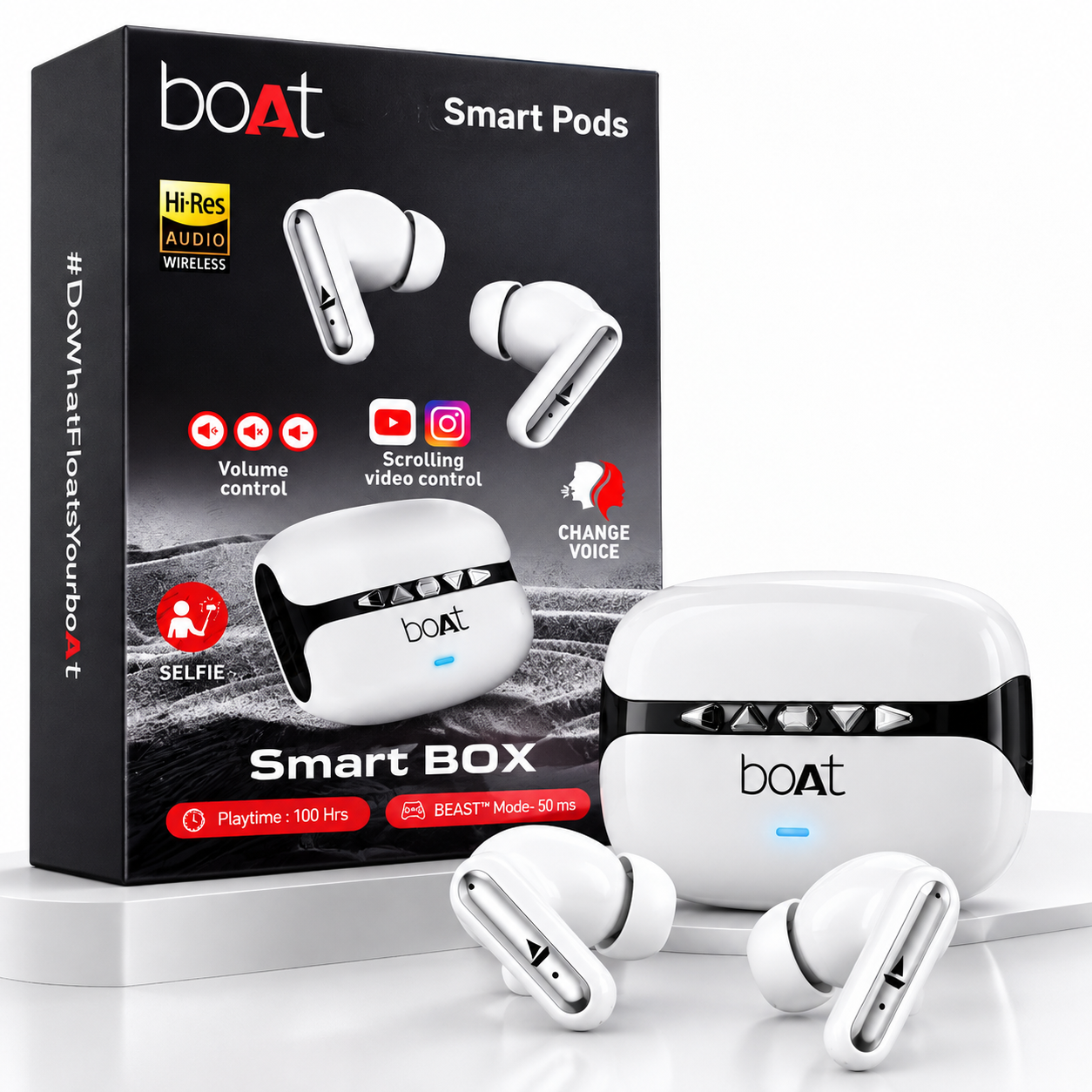 boAt Smart Pods Smart Box TWS Wireless Earbuds – Hi-Res Audio, Up to 100H Playtime, 50ms BEAST Mode, Volume & Video Control – White