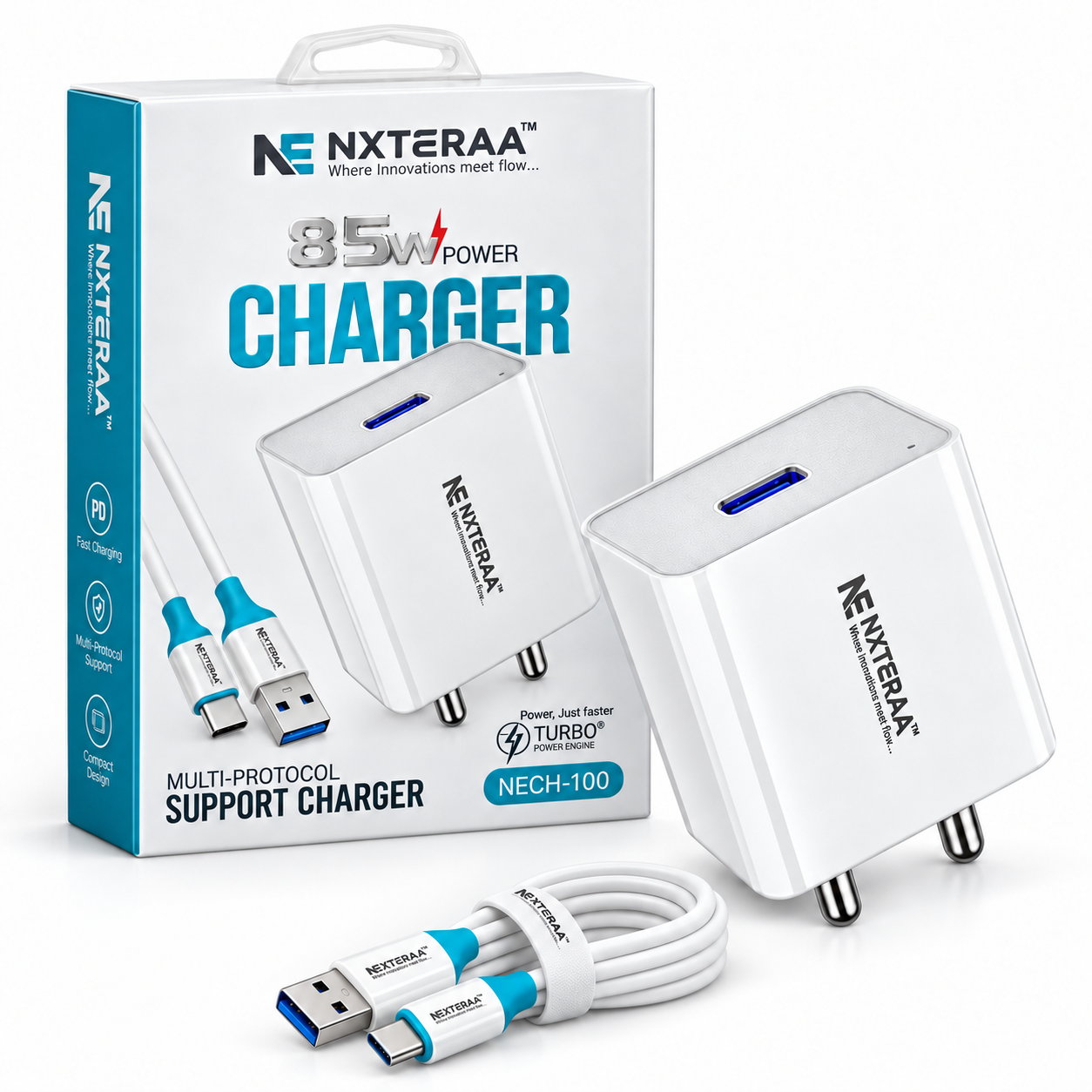 NXTERAA 85W Fast Charger with Type-C Cable – Powerful Charging for Everyday Use