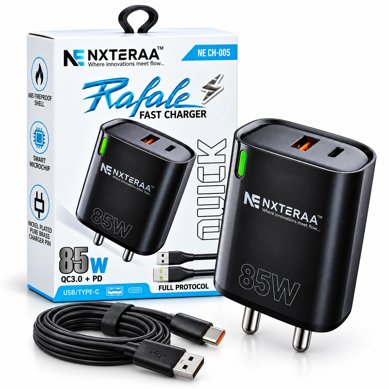 NXTERRA Rafale 85W Fast Charger with Type-C Cable | QC 3.0 + PD