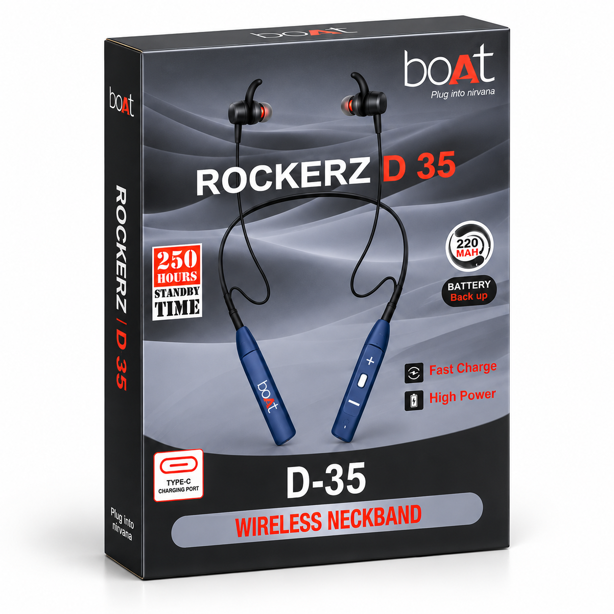 boAt Rockerz D 35 Wireless Bluetooth Neckband Earphones – 220mAh Battery, Type-C Fast Charging, 250 Hours Standby, Blue