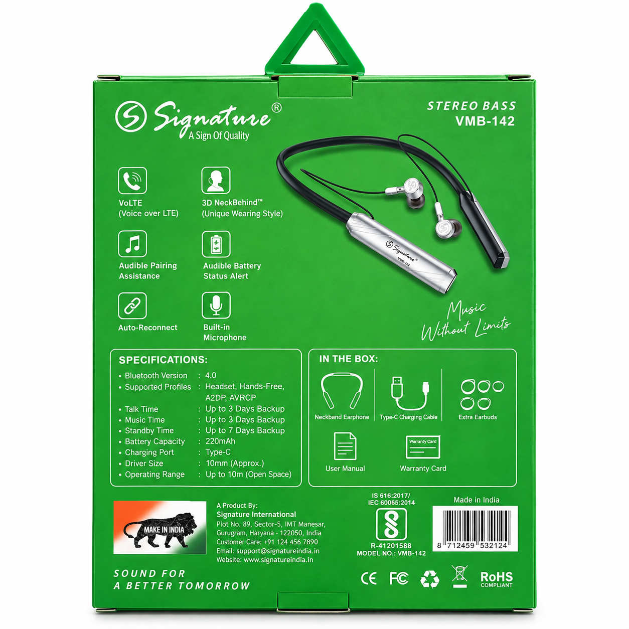 Signature Wireless Bluetooth Neckband Earphones – 72 Hrs Backup, Type-C Charging, Stereo Bass & Mic
