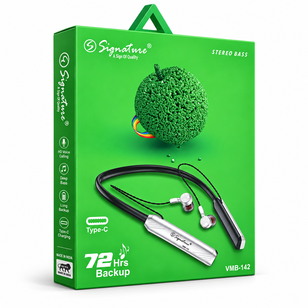 Signature Wireless Bluetooth Neckband Earphones – 72 Hrs Backup, Type-C Charging, Stereo Bass & Mic