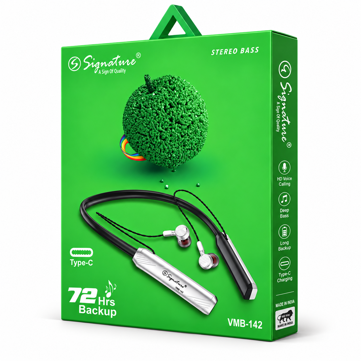 Signature Wireless Bluetooth Neckband Earphones – 72 Hrs Backup, Type-C Charging, Stereo Bass & Mic
