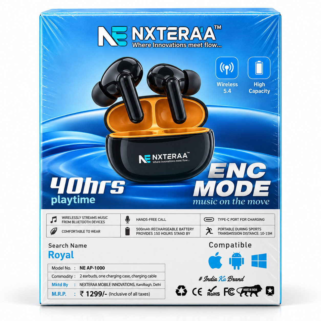 NEXTERAA Aerotune NE AP-1000 True Wireless Earbuds – 40 Hrs Playtime, ENC Mode, Bluetooth 5.4, Type-C Charging