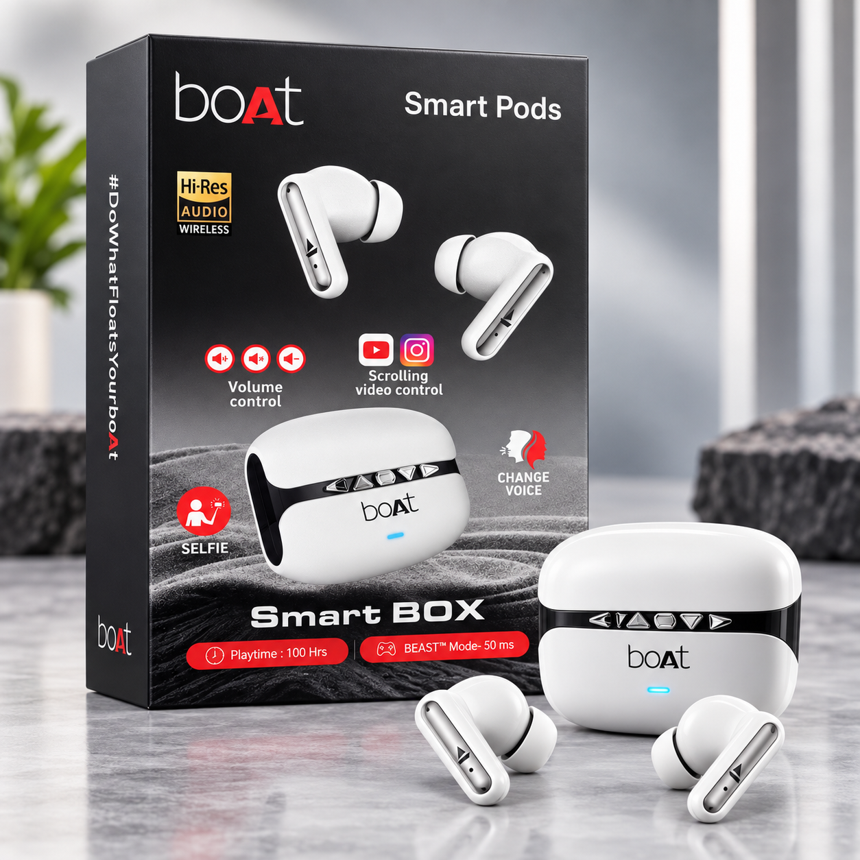 boAt Smart Pods Smart Box TWS Wireless Earbuds – Hi-Res Audio, Up to 100H Playtime, 50ms BEAST Mode, Volume & Video Control – White