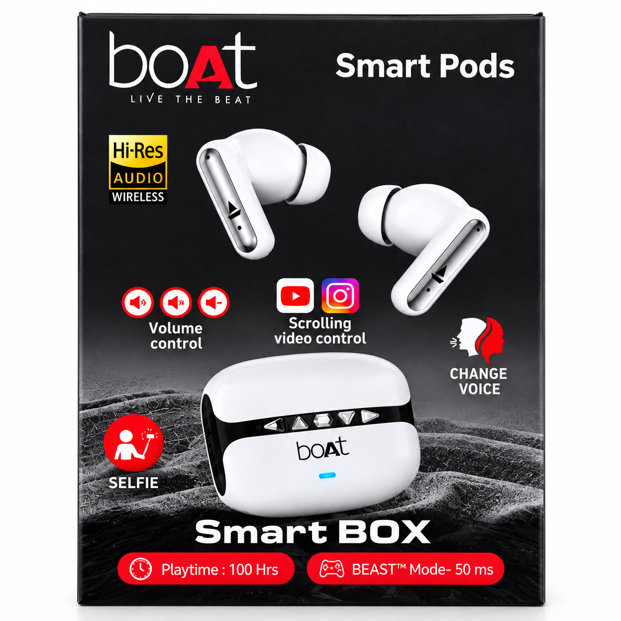 boAt Smart Pods Smart Box TWS Wireless Earbuds – Hi-Res Audio, Up to 100H Playtime, 50ms BEAST Mode, Volume & Video Control – White