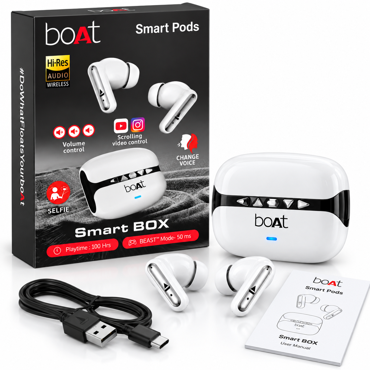 boAt Smart Pods Smart Box TWS Wireless Earbuds – Hi-Res Audio, Up to 100H Playtime, 50ms BEAST Mode, Volume & Video Control – White