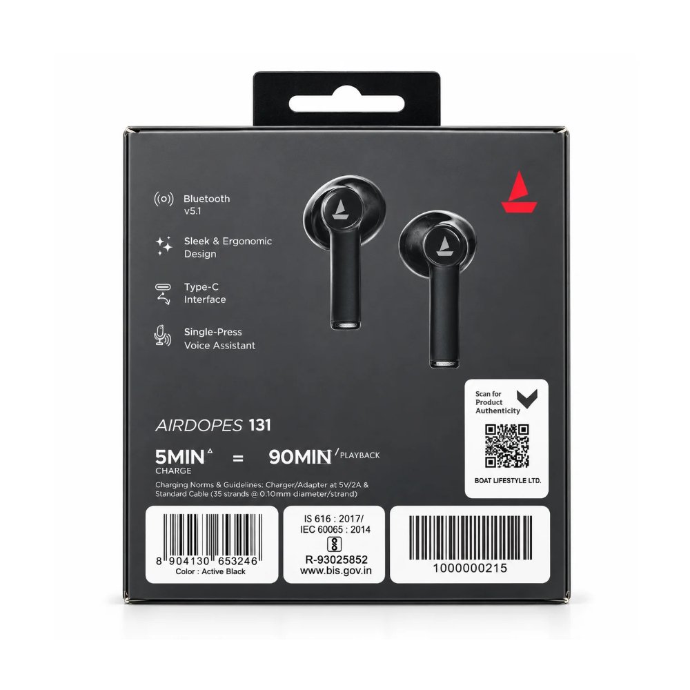 boAt Airdopes 131 TWS Earbuds – 60 Hours Playback, Fast Type-C Charging & Powerful Wireless Sound | Black