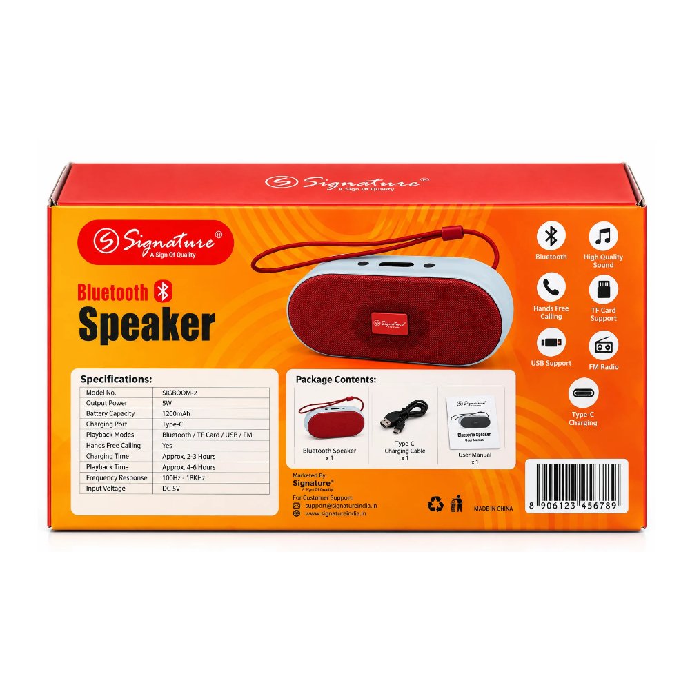 Compact Size, Big Entertainment – Signature Sigboom-2 with Bluetooth, FM, USB & Type-C Charging!