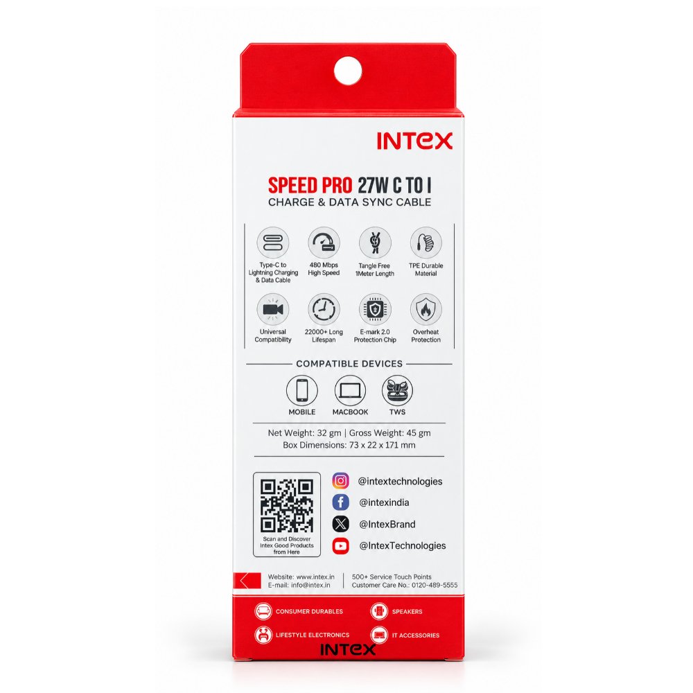 Intex Speed Pro 27W USB-C to Lightning Fast Charging & Data Sync Cable – 1 Meter