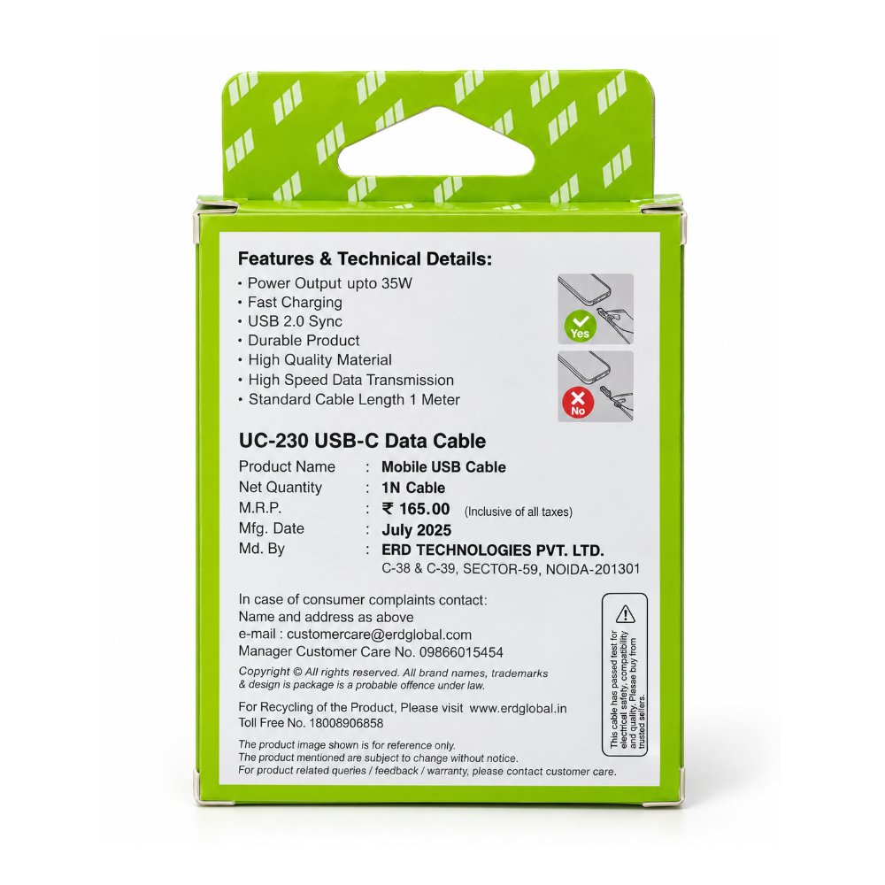 ERD UC-230 35W USB-A to USB-C Fast Charging & Data Cable – 1 Meter