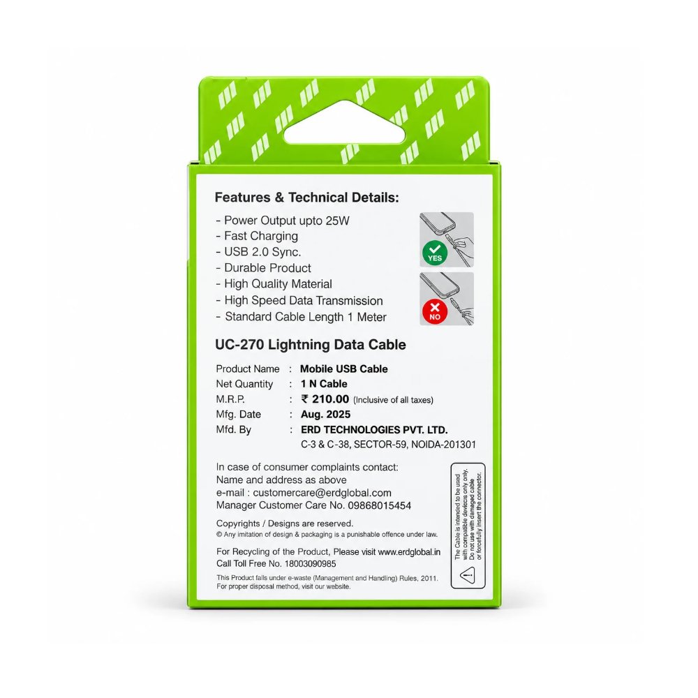 ERD UC-270 25W USB-A to Lightning Fast Charging & Data Cable – 1 Meter