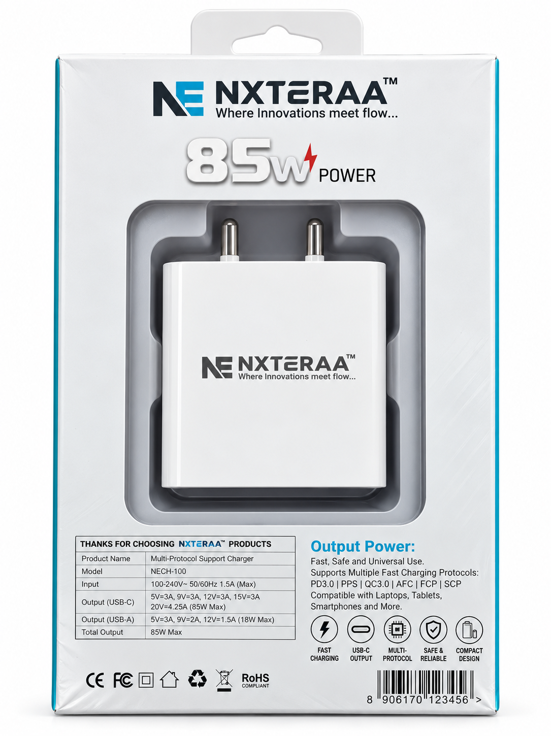 NXTERAA 85W Fast Charger with Type-C Cable – Powerful Charging for Everyday Use