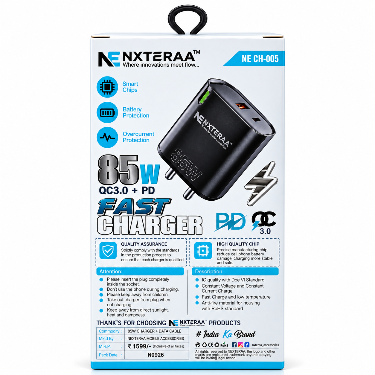 NXTERRA Rafale 85W Fast Charger with Type-C Cable | QC 3.0 + PD