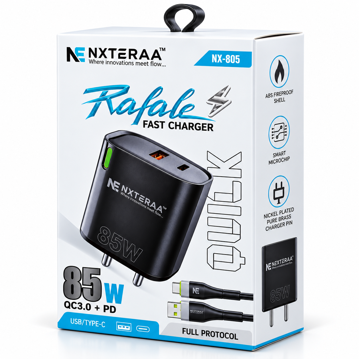 NXTERRA Rafale 85W Fast Charger with Type-C Cable | QC 3.0 + PD