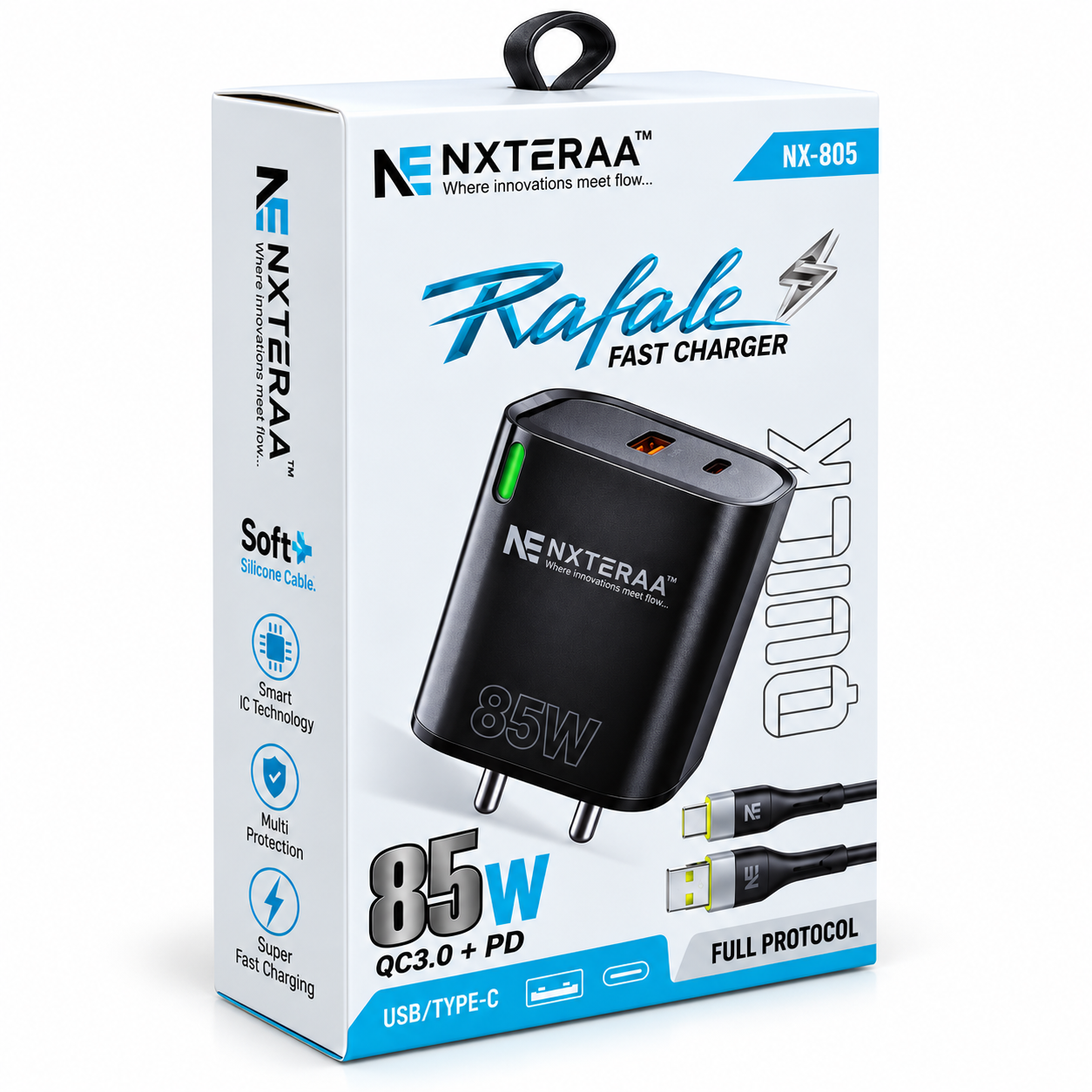 NXTERRA Rafale 85W Fast Charger with Type-C Cable | QC 3.0 + PD