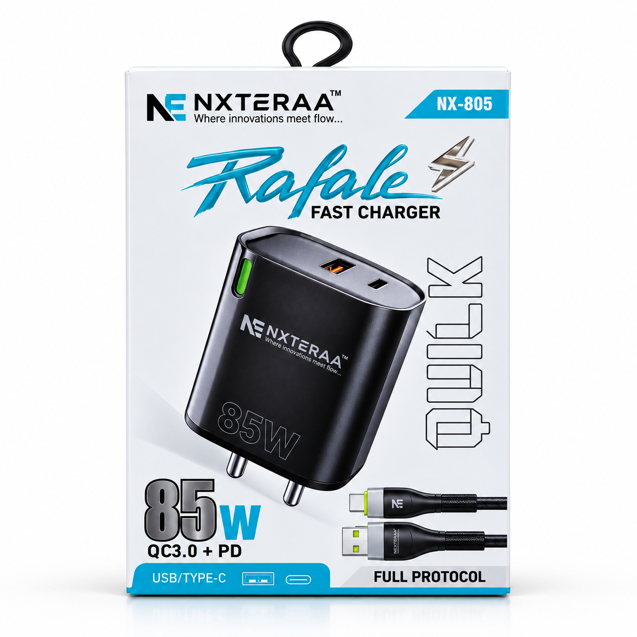 NXTERRA Rafale 85W Fast Charger with Type-C Cable | QC 3.0 + PD
