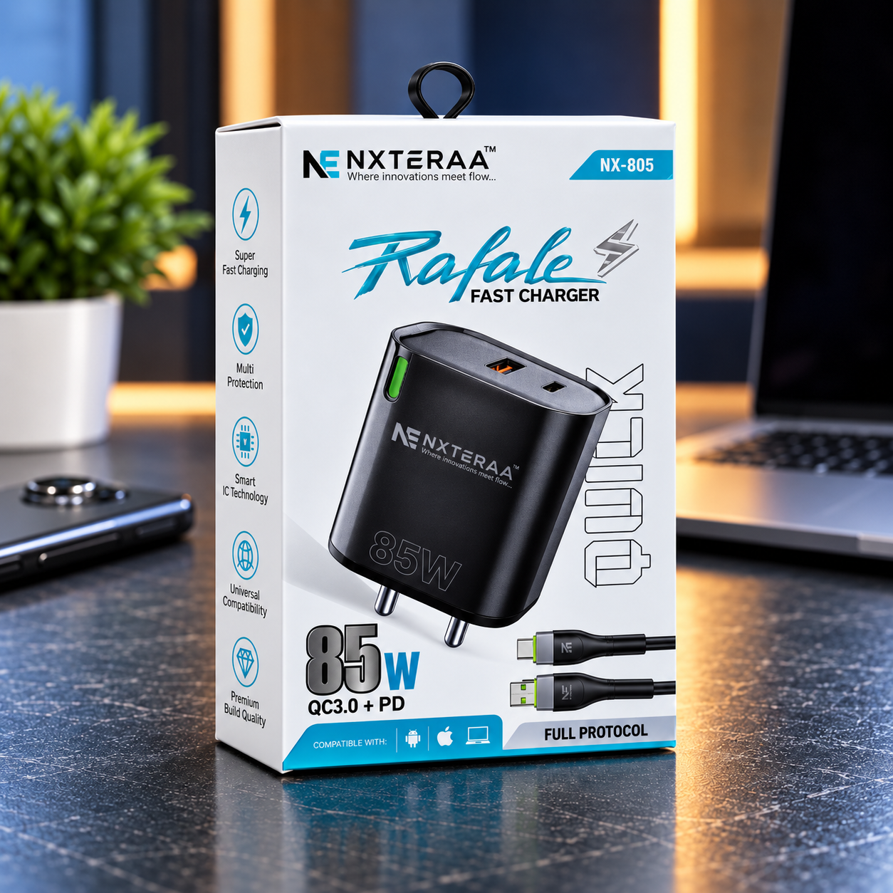 NXTERRA Rafale 85W Fast Charger with Type-C Cable | QC 3.0 + PD