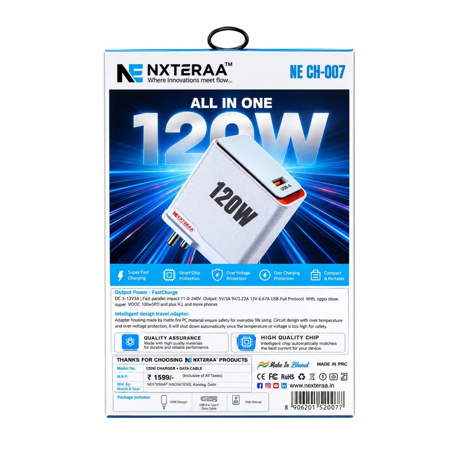 NEXTERAA TEJAS 120W Fast Charger with Type-C Cable