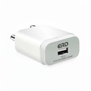 ERD TC-21 5V 2A Fast Charger plugged into wall charging a smartphone