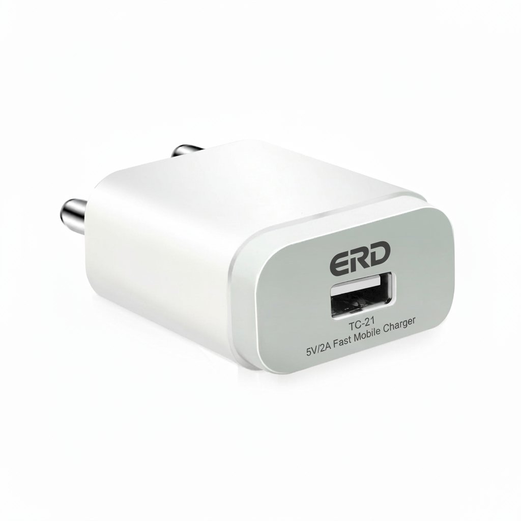 erd-tc21-fast-charger ERD TC-21 5V 2A Fast Charger plugged into wall charging a smartphone