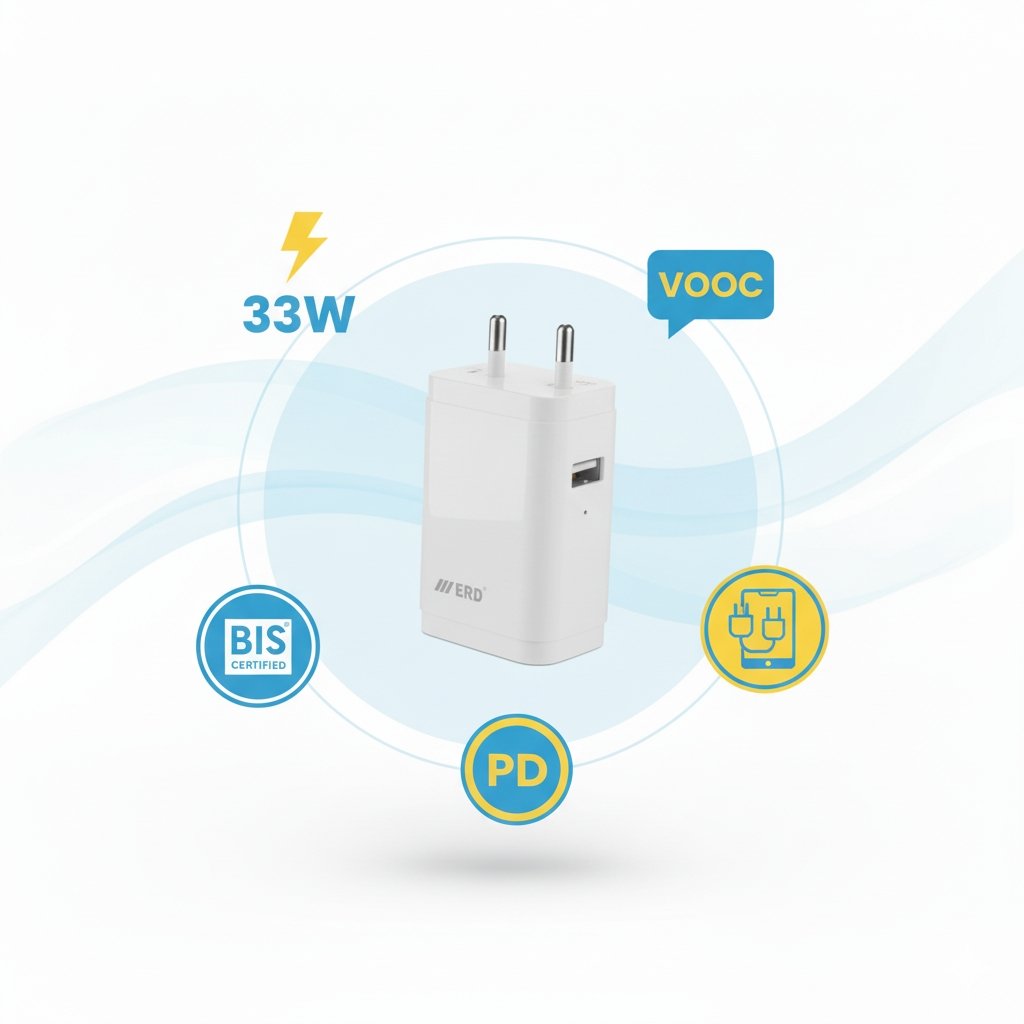 erd-33w-fast-charger-lifestyle ERD 33W fast charger on modern desk charging a smartphone