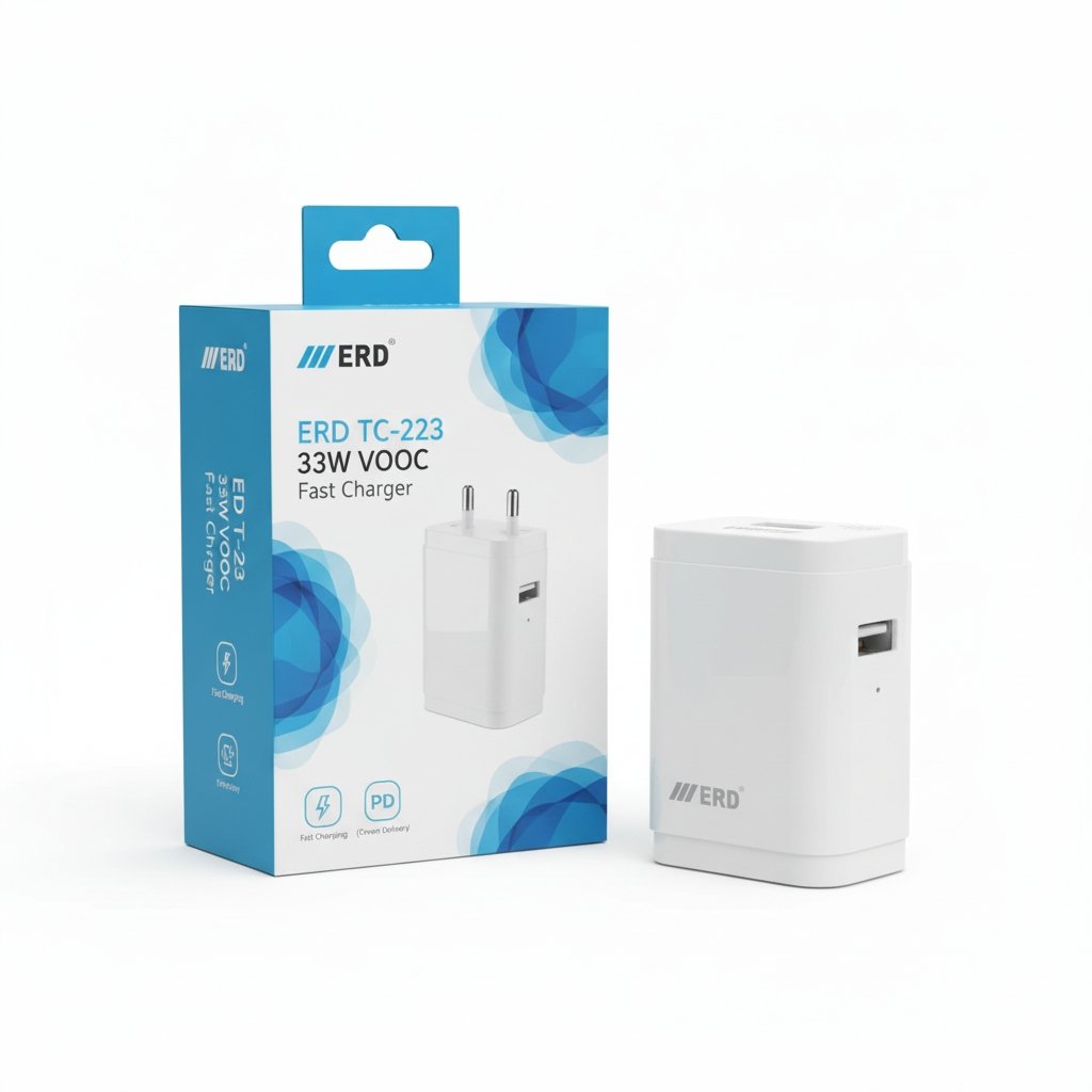 erd-33w-fast-charger-with-box ERD 33W VOOC fast charger displayed with packaging box