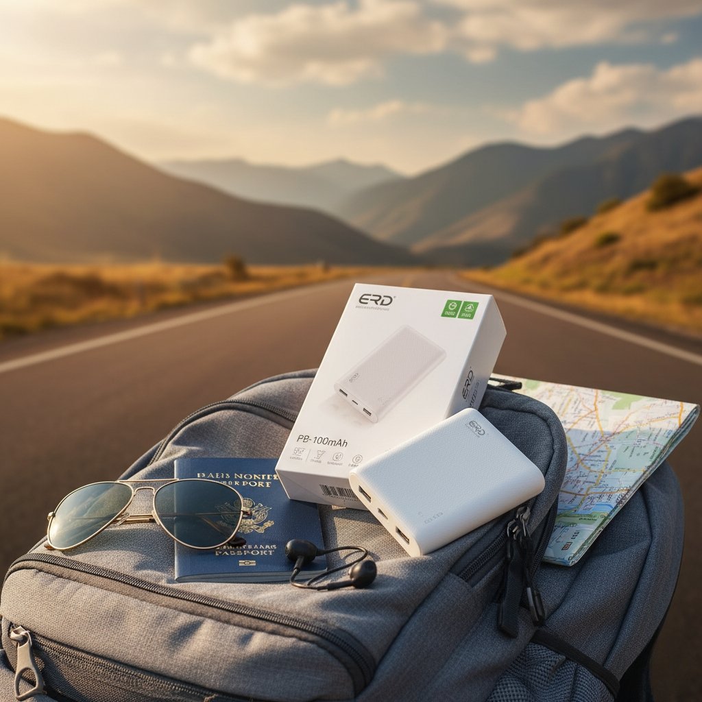 erd-pb10ke-10000mah-power-bank-travel-packaging-scene ERD PB-10KE 10000mAh Power Bank with retail box in a travel outdoor setting on backpack.