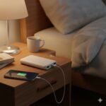 ERD PB-10KE 10000mAh Power Bank charging a smartphone on a bedside nightstand.