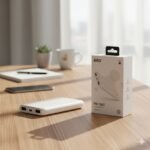 ERD PB-10KE 10000mAh Power Bank with retail packaging placed on a desk in a lifestyle scene.