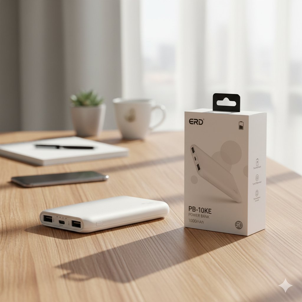 erd-pb10ke-power-bank-packaging-table-lifestyle ERD PB-10KE 10000mAh Power Bank with retail packaging placed on a desk in a lifestyle scene.