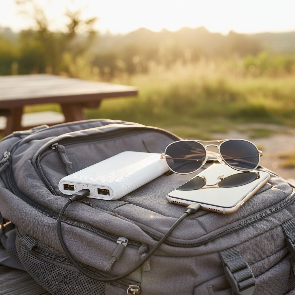 erd-pb10ke-typec-microusb-input-banner. ERD PB-10KE 10000mAh Power Bank charging a smartphone outdoors on a backpack.